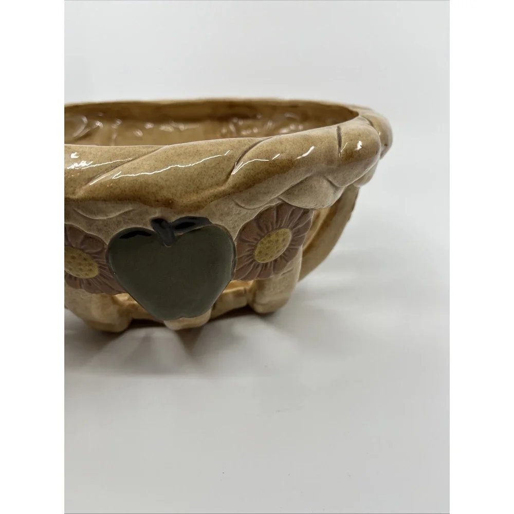 Vtg 80s Ceramic Lattice Open Weave Bread Basket Bowl Green Apple Daisy 9.5